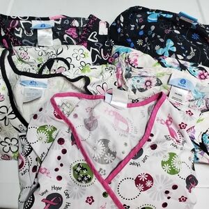 Colorful Scrub Tops with Floral and Heart Patterns